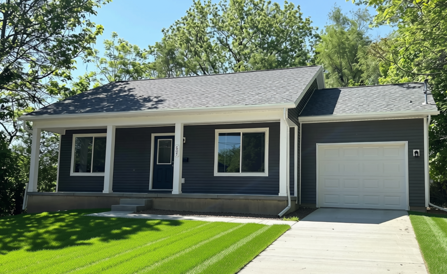 A finished Bethel Homes cottage-style ranch with a covered front porch and single-car garage