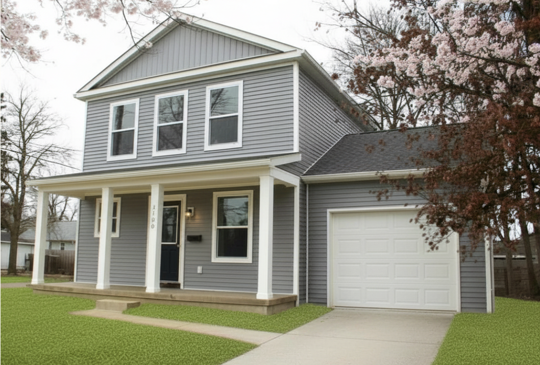 A finished Bethel home with an attached garage and covered porch in spring