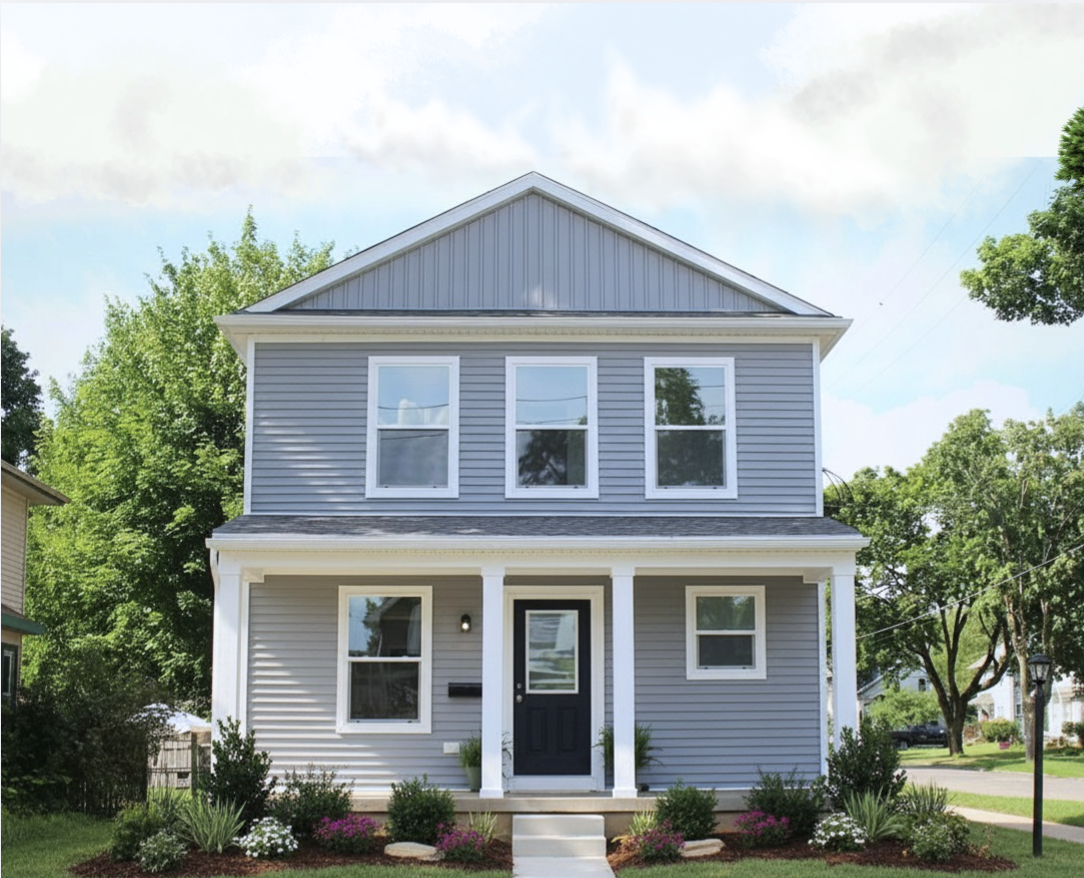 A newly finished two-story Bethel home with a covered front porch and planted beds