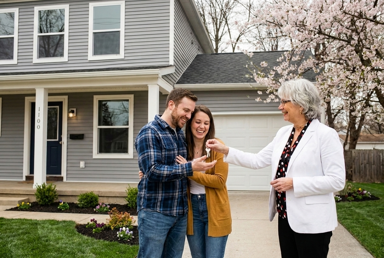A couple receives the keys to their new home outside the front porch