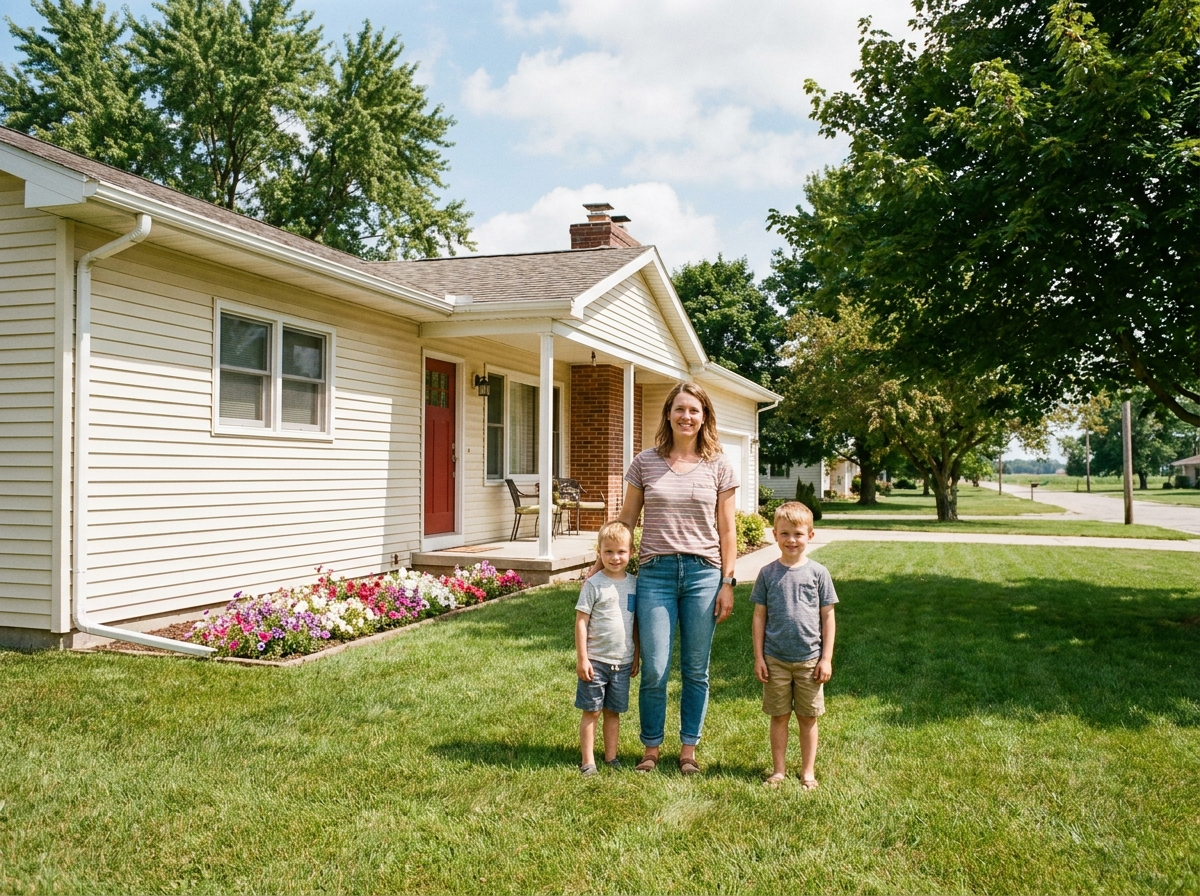 A working mother and her kids in front of their home